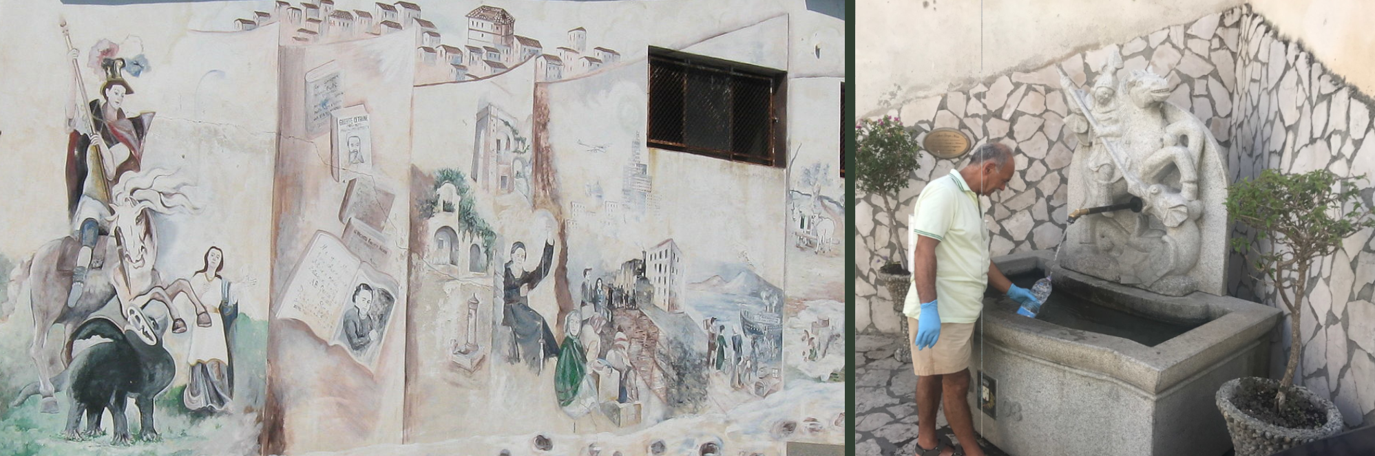 Mural at the entrance to Martone, Italy and the St George Fountain